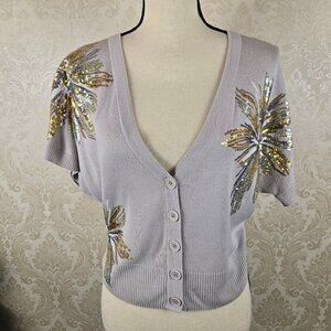 INC International Concepts Size Large Cream Cropped Cardigan Sequin Starbursts